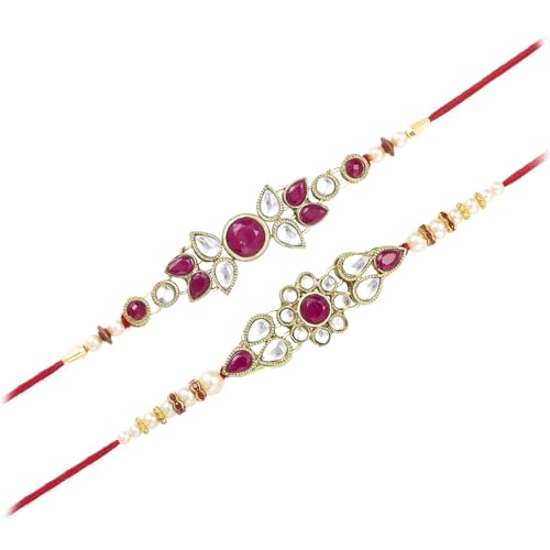 Image of Peora Rakhshabandhan Thread Rakhi for Brother Bhaiya | Kundan Beads & Crystal Studded | Combo Set of 2 | Rakhi Hamper Roli Chawal & Greeting Card