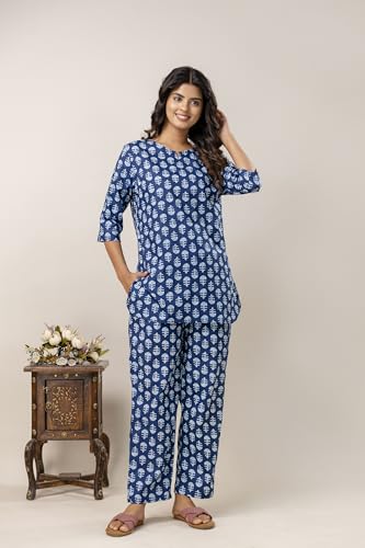Image of Pure Cotton Printed Night Suit Top and Pyjama Set for Women's Night Dress of Shirt & Pyjama Set for Womens