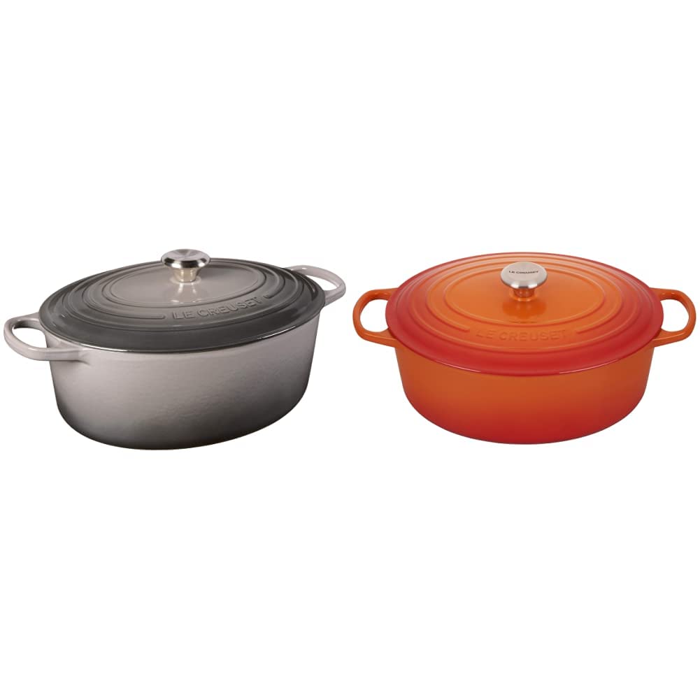 Le Creuset Signature Enameled Cast Iron Oval French (Dutch) Oven, 8 quart, Oyster & Enameled Cast Iron Signature Oval Dutch Oven with Lid, 8 Quart, Flame