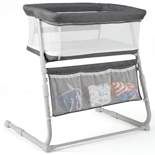 Cowiewie Bassinet Bedside Sleeper,Baby Bassinet Slides Over Bed,5-Height Adjustment & Breathable All-Mesh Wall Bedside Bassinet for Baby,Space-Saving Bedside Crib, Height(37.4-41.3'), Dark Grey