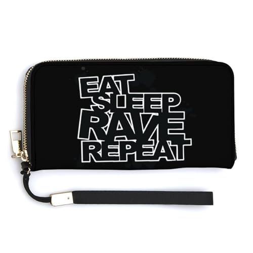 Eat Sleep Rave Repeat Leather Wallet Fashion Bifold Purse Long Pouch with Wrist Strap for Men Women