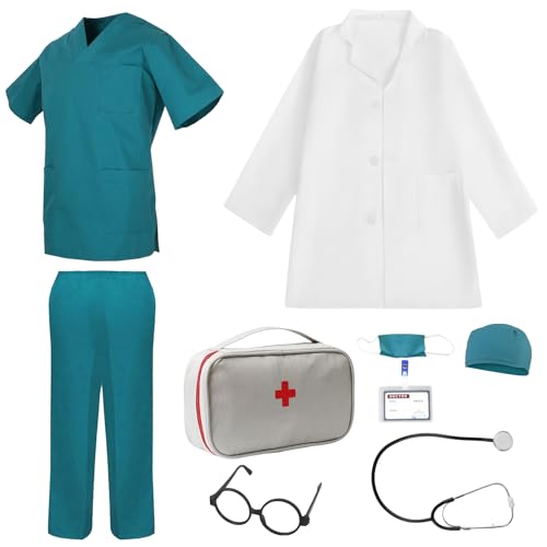 Aicharynic Lot de 9 costumes de médecin pour enfant - Mallette de médecin - Jouet de rôle - Accessoire de carnaval - Cadeau d'Halloween pour garçons et filles - 140 cm