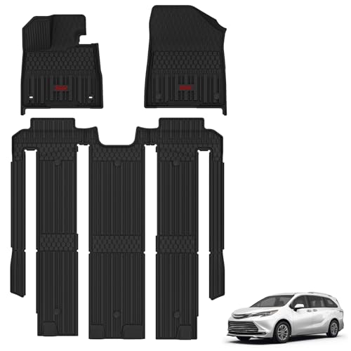 3W Floor Mats Fit Toyota Sienna 2021-2025(Only for 7 Seat), TPE All Weather Custom Fit Floor Liner for Sienna XLE/XSE/Limited/Woodland Edition 1st, 2nd and 3rd Row with Red Accent Sienna 7 S