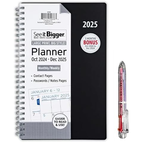 PlanAhead See It Bigger October 2024 December 2025 Year Round Monthly/Weekly Planner,8.75" x 5.5" x 0.5'' / Medium Size and 6 in 1 Multicolor Ballpoint Colorful Ink Pen. (Black) Cover