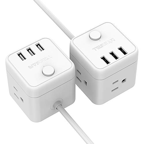 2 Pack Portable Cube Power Strip 3 Outlet 3 USB Ports, TESSAN Desktop Charging Station 5 Ft Extension Cord for Cruise Ship, Travel, Nightstand - White