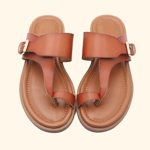 Women'S Leather Flat Toe Ring Flip Flops With Adjustable Buckle Slip On Comfortable T-Strap Toe Clip Slides Sandals For Daily Travel Causal Beach3