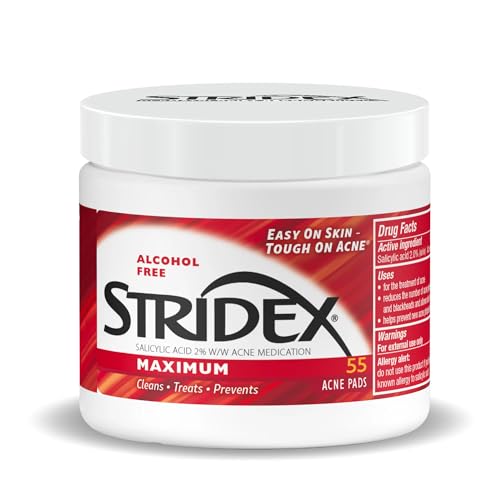 Stridex Medicated Acne Pads, Maximum, 55 Count – Facial Cleansing Wipes, Alcohol Free, Acne Treatment for Face, For Moderate Acne, Smooth Application