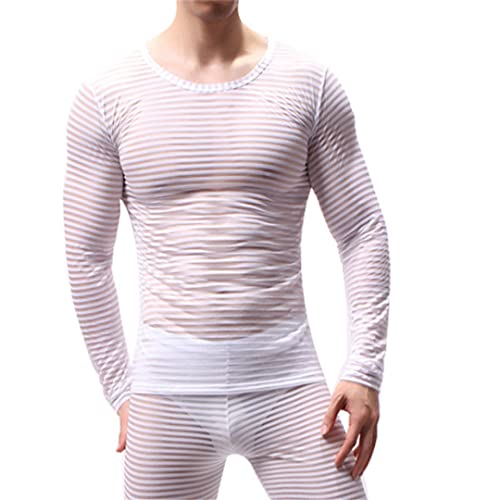 Sexy Mesh T Shirt Mens Transparent Long Sleeve See Through Striped Sleep Undershirts Perform Top Tees Nightwear3