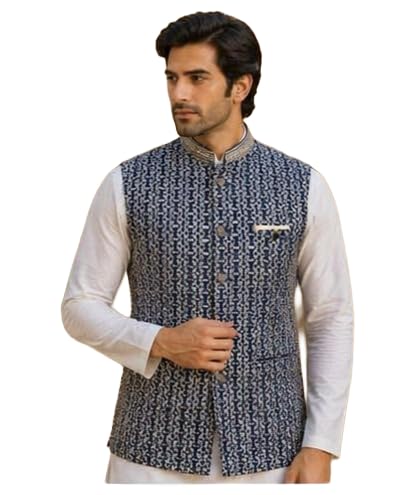 risani MEN 'S Premium Cotton Nehru| Ethnic Waistcoat for Wedding Stylish Waistcoat for Kurta Blue with Golden embroidery design-picture-11