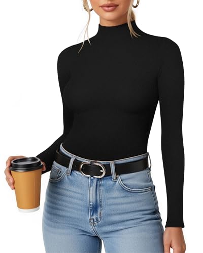 MANGOPOP Women's Mock Turtleneck Long Sleeve Shirt Fall Outfits Fashion Thermal Undershirt Basic Tops Fitted Layer Tee 2025