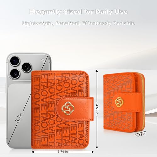 Image of Credit Card Wallets for Women, Leather Cardholder with Zipper Around, Small RFID Ladies Wallet, Accordion Compact Bifold Purse for Travel, 19 Card Slots, ID Window, Cash Organizer - Orange