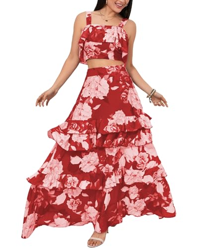 SOMTHRON Women's Summer 2 Piece Outfits Floral Print Strap Crop Tops Tiered Ruffle Skirt Sets Maxi Long Dress4