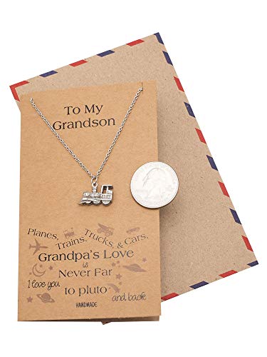 Quan Jewelry Steam Engine Train Necklace with Inspirational Message on Greeting Card, Birthday Gifts for Grandson in Silver Tone, Adjustable Chain 16" to 18"4