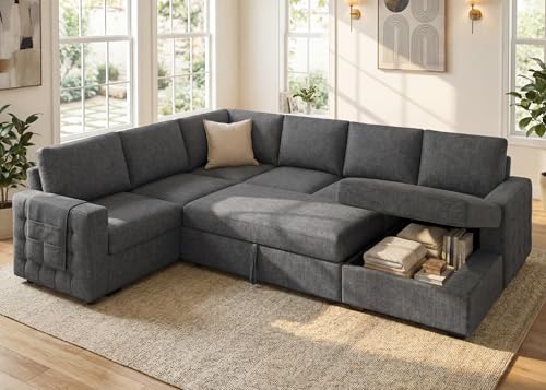 Image of HONBAY Sectional Sleeper Sofa with Pull-Out Bed Storage Chaise, 6 Seaters Couch for Living Room, Light Grey