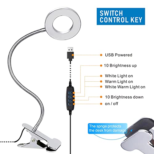 Image of KNAMKY USB LED Clip-on Desk Lamp, Reading Light, 3 Light Modes & 10 Dimmable Brightness, Eye Care, Book Lamp, Bedside Lamp with Flexible Neck, Adjustable, Perfect for Learning and