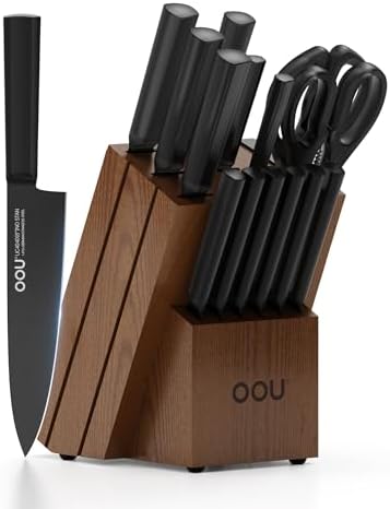 OOU Kitchen Knife Block Set - 15 Pieces High Carbon Stainless Steel Chef Knife Sets, Anti-Rust Black Knives Set with Built-in Sharpener Block, Walnut