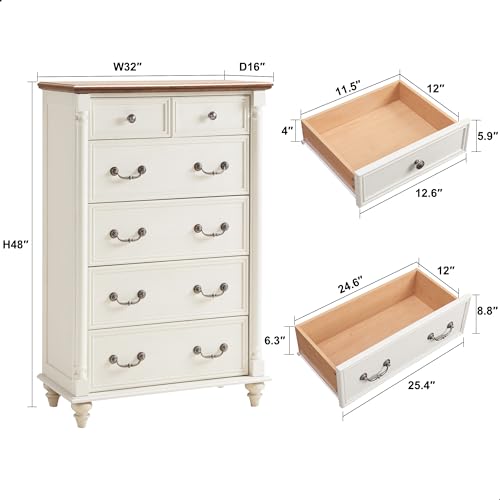 T4TREAM Farmhouse 6 Drawers Dresser Chests for Bedroom w/4 Solid Wood Feet &Column Decor, Tall Wood Rustic Chest of Drawers, Storage Dressers Organizer for Bedroom, Living Room, Nursery, Antique White