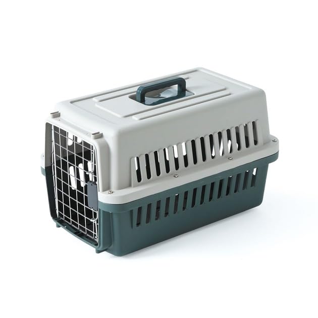 The Pets Company IATA Approved Airline Travel Plastic Crate, Folding Transport Box, Portable Pet Travel Carrier, Basket, Cage & Kennel House for Puppies & Small Dogs - Bottle Green (19" X 12" X 12")