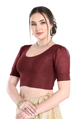 Image of FINESTFIT Stay On Trend Fashion 100% Cotton Readymade Blouses for Women,Round Neckline with Organza Balloon Sleeves.