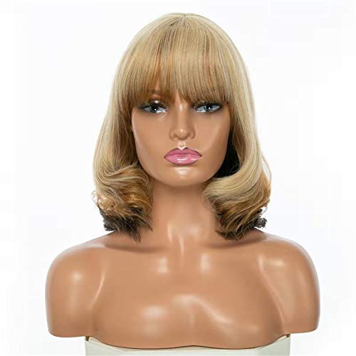 Synthetic Short Bob Wig With Bangs Natural Wavy Mixed Blonde And Brown Fashion Hair For Women Daily Wear,Cosplay Resistant fiber wig For Girl
