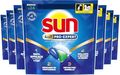 Sun - Pro Expert - 168 Pastilles Lave Vaisselle - Action 4 en 1 - Regular - Elimine 100% des taches brûlées de +72h - dégraissent en Profondeur - 24...