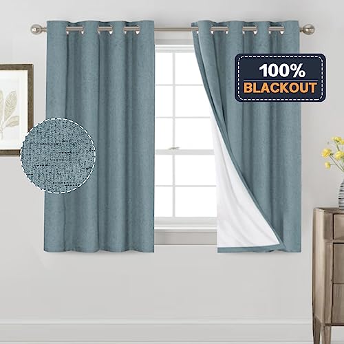 Image of PrinceDeco 100% Blackout Curtains for Bedroom Linen Blackout Curtains 54 Inches Long Room Darkening Burlap Grommet Textured Curtains&Drapes Luxury Decor for Living Room 52x54 Inch, Stone Blue,2 Panels