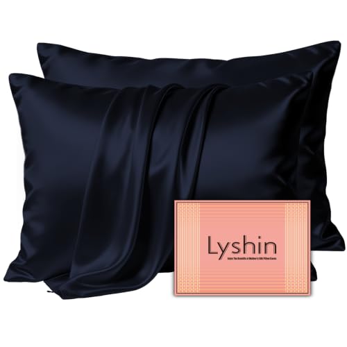 Image of LYSHIN Silk Pillow Cases 2 Pack King Size with Zipper, Navy Blue | 19 Momme Mulberry Silk Pillowcase for Skin and Hair, Anti-Acne, Hypoallergenic, Cooling, Beauty Sleep, Gifts for Women