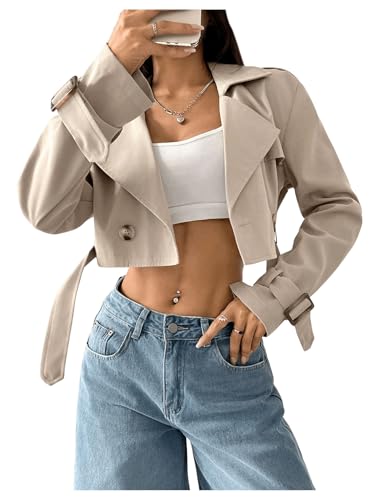 WDIRARA Women's Long Sleeve Cropped Trench Coat Lapel Collar Belted Jacket Lightweight Outerwear