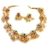 Adyashree Emporium Traditional Temple Jewellery Lakshmi pendant set ruby Pearl Mango Design Mohan mala haram. Latest Wedding Jewellery Necklace for Women and Girls, 34*2*38, Metal, Ruby