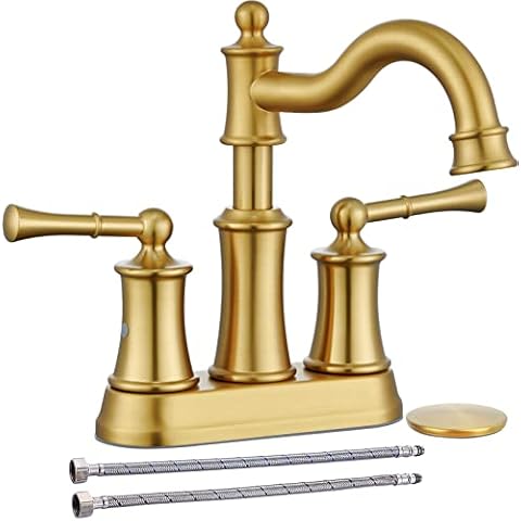 WINKEAR Centerset Bathroom Sink Faucet Brushed Gold 2 Handles Fit for 2 Holes Deck Mount Installation Pop-up Drain Assembly with Overflow Deck Plate and Water Supply Lines Included Cover
