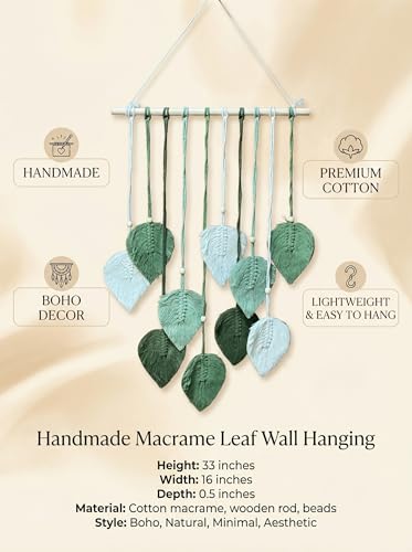 Image of JH Gallery Handmade Macrame Leaf Wall Hanging - Boho Cotton Tapestry with Wooden Beads for Elegant Bedroom, Living Room & Balcony Decor(Green and White)