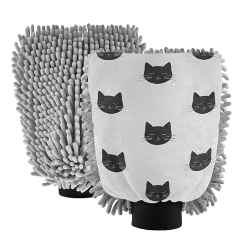 ALAZA Cat Black Kitten Car Wash Mitt Scratch Free, 2 Pack Absorbent Microfiber/Chenille Washing & Drying Mitts, L