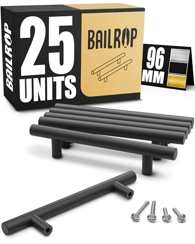 BAILROP Tiradores Cocina Negros 96MM Tiradores Armario Acero Inoxidable – Tiradores para Puertas y Muebles de Cocina Negros (25 PCS)