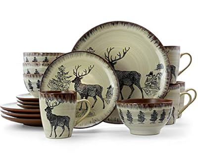 Elama Majestic Round Stoneware Cabin Dinnerware Dish Set, 16 Piece, Elk Design with Warm Taupe and Brown Accents