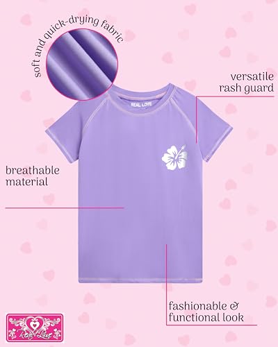 Real Love Toddler Girls Rash Guard - Quick Dry Sun Protection Swim Shirt Girls Short Sleeve Rash Guard Kids Swim Top (2T-16)2