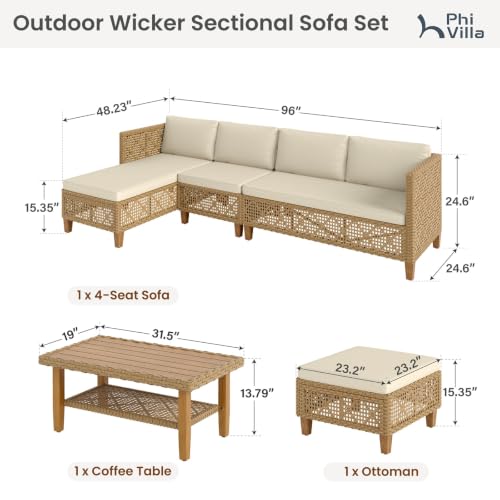 Image of PHI VILLA Wicker Patio Furniture Set, Rattan Patio Sectional Sofa Outdoor Couch Set with Acacia Wood Coffee Table, 7 Pieces U-Shaped Patio Conversation Set for Backyard Porch, Beige Cushion