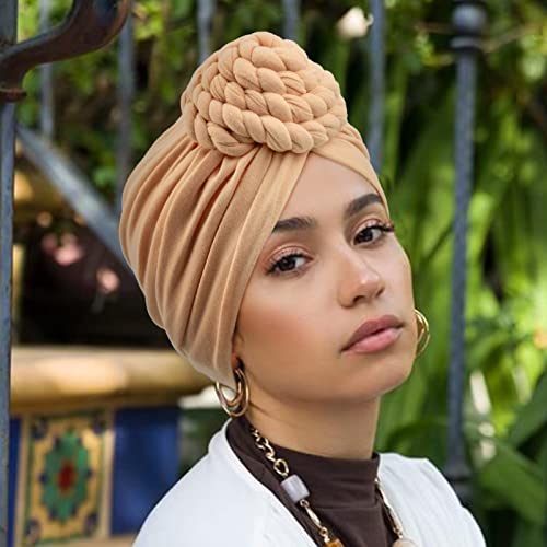 Image of DRESHOW 5 Pack Knotted Headwraps for Women African Turban Pre-Knotted Beanie Headwraps Hair Covers