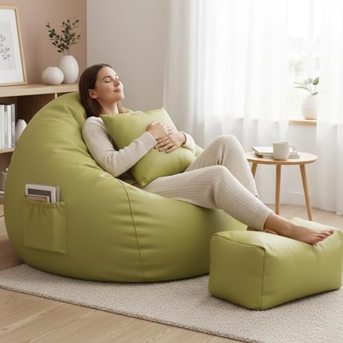 Image of Luxury 5XL Jumbo Bean Bag with Footrest & Cushion | Premium Leatherette | High-Density Beans Filled | Heavy Duty Double Stitch | 6 Months Warranty Color- (Navy Blue) (Olive Green)