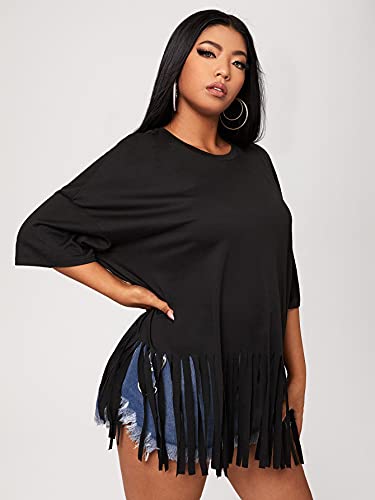 Soly Hux Women's Plus Size Fringe Hem Half Sleeve Tee Casual Summer T Shirt Top Black 2Xl #TOP2