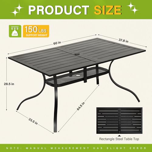 Image of Patio Dining Table, 60 inch x 37 inchOutdoor Rectangular Metal Table,1.57 inch Umbrella Hole, for Backyards, Porches, Gardens or Poolside, Black