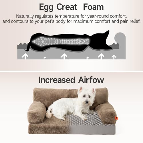 MEWOOFUN Orthopädisches Hundesofa, mittelgroß, wasserdicht, Anti-Angst-Plüschbezug für Welpen, 90 x 65 x 30 cm (Braun, L)