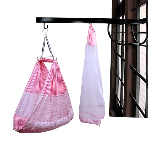 Image of Little chime window cradle hanger with bassinet with bed, pillow, mosquito net, Cotton, Pink