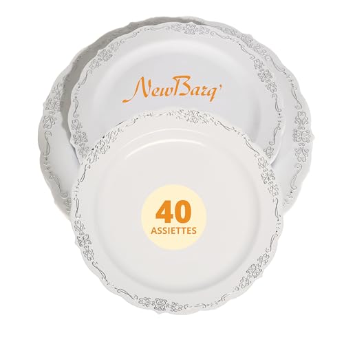 NEW BARQ' – Set Assiettes Vintage Blanc & Argent 40 Pièces | Vaisselle Réutilisable Premium | Style Classique Chic | Assiettes Plates & Desserts