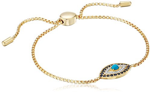 18k Yellow Gold Plated Sterling Silver Turquoise, Created Blue Sapphire, and Diamond Accent Evil Eye Bolo Bracelet, 9"