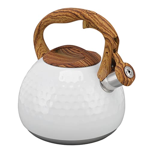 Lybunair 3L Stainless Steel Whistling Kettle, Tea Pot for Stove Top with Wood Finish Handle (White)