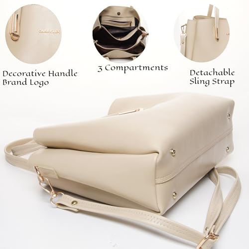 Image of Carrylux Women's Top Handle Bag | Hand Held bag | Stylish Patent Synthetic Leather Handbag with Dual Handles & Detachable Sling Strap | Beige Shoulder Purse for Work & Casual Outings