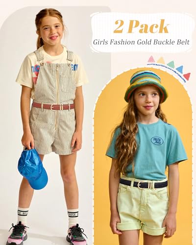 AWAYTR 2 Pcs Kids Girls Leather Belt, Fashion Gold Buckle Belts for Teen Girls Jeans Dress3