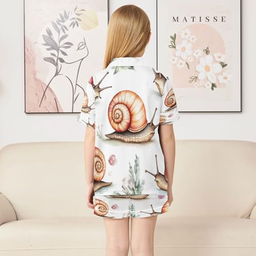 Satin Pajama Sets Short Sleeve Cute Snail Pattern Print Button Down Silky Nightwear 2 Piece PJS 5-14Y4