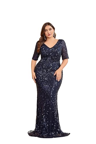 Glitter Sequin Long Formal Dress for Women Prom Dress 2024 Short Sleeves V-Neck Navy Blue