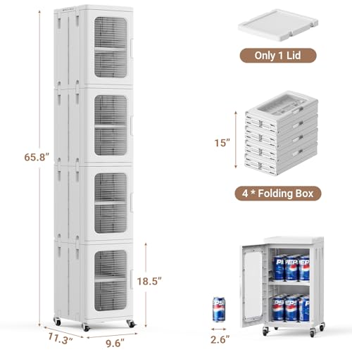 Image of BROVIEW 4-Tier Tall Narrow Storage Cabinet Organizer, Slim Bathroom Cabinets with Adjustable Shelves and Doors, Plastic Kitchen Pantry Organizers and Storages for Small Space, Laundry, White